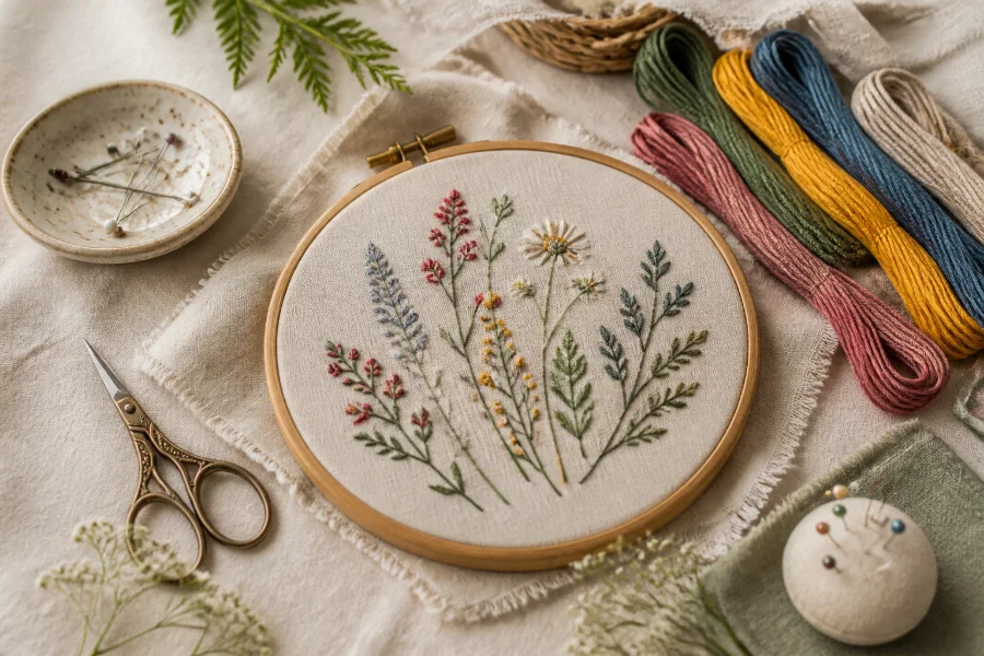 Embroidery kit materials with hoop, linen and colourful floss