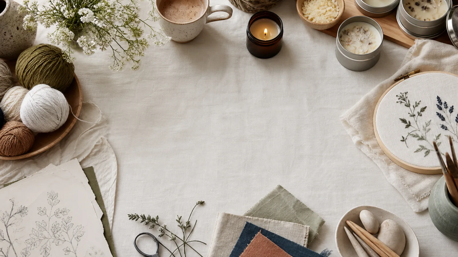 Handmade craft table with yarn, embroidery, candles and ceramics