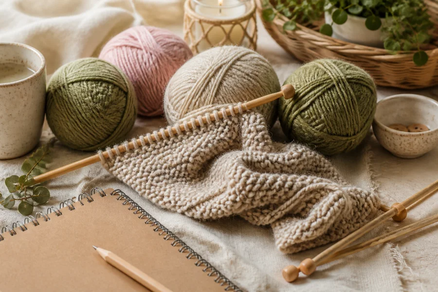 Beginner knitting course materials with wool yarn and wooden needles