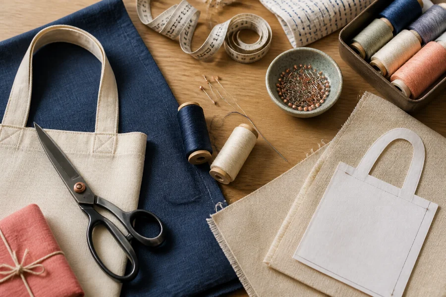 Sewing course table with fabric, thread, scissors and a tote bag pattern
